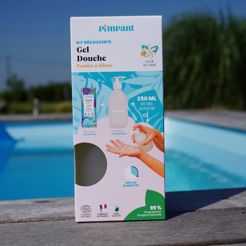 Kit Gel Douche Tiaré à Diluer | Bouteille Réutilisable + Recharge Poudregel doucheUneViePlusSaine