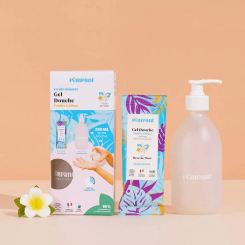 Kit Gel Douche Tiaré à Diluer | Bouteille Réutilisable + Recharge Poudregel doucheUneViePlusSaine