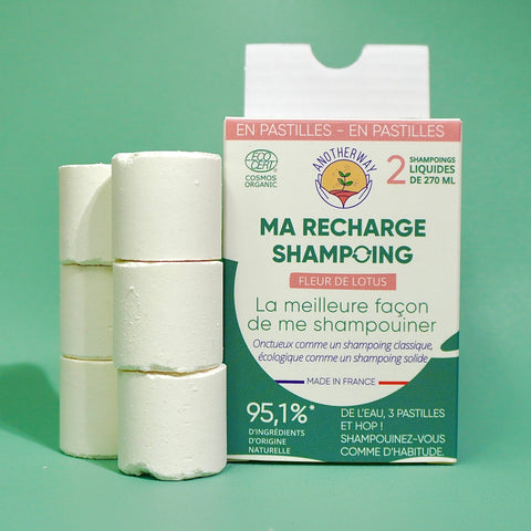 Shampoing bio à diluer | Fleur de lotus | 6 pastilles = 2 shampoings liquide de 270mlBouteilleUneViePlusSaine