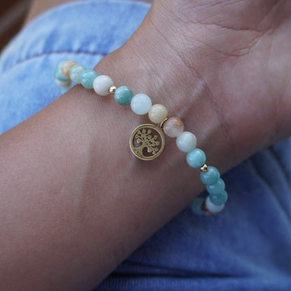 Le bracelet du renouveau et de l'authenticité | Amazonite | Breloque en acier inoxydable doré | Arbre de viepierreUneViePlusSaine