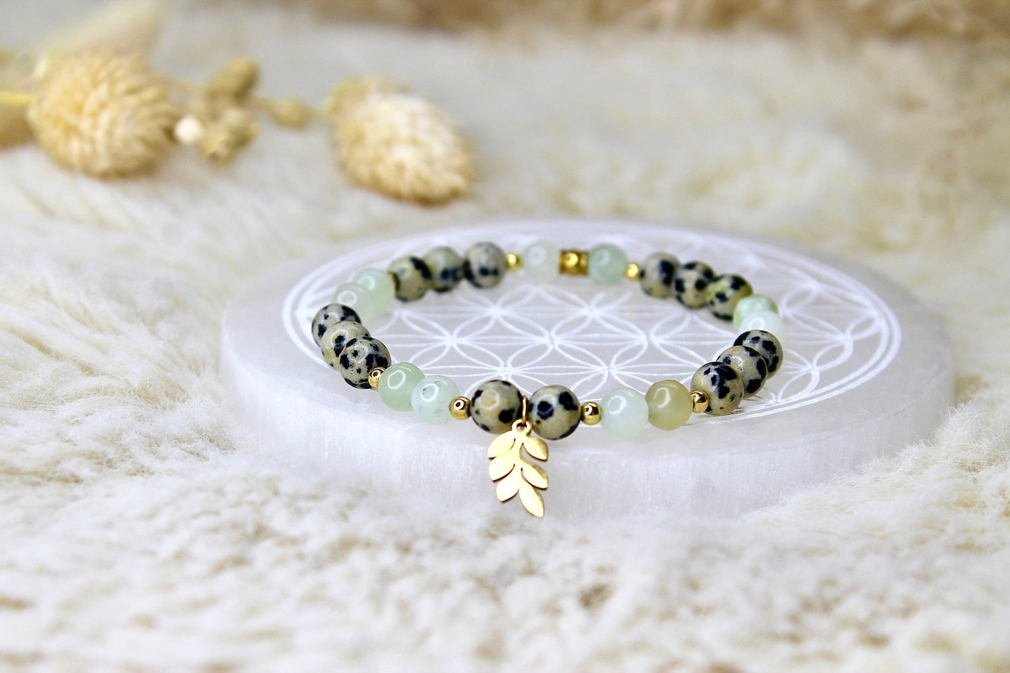 Bracelet doré | Jade verte & Jaspe Dalmatien | Harmonie & joiepierreUneViePlusSaine