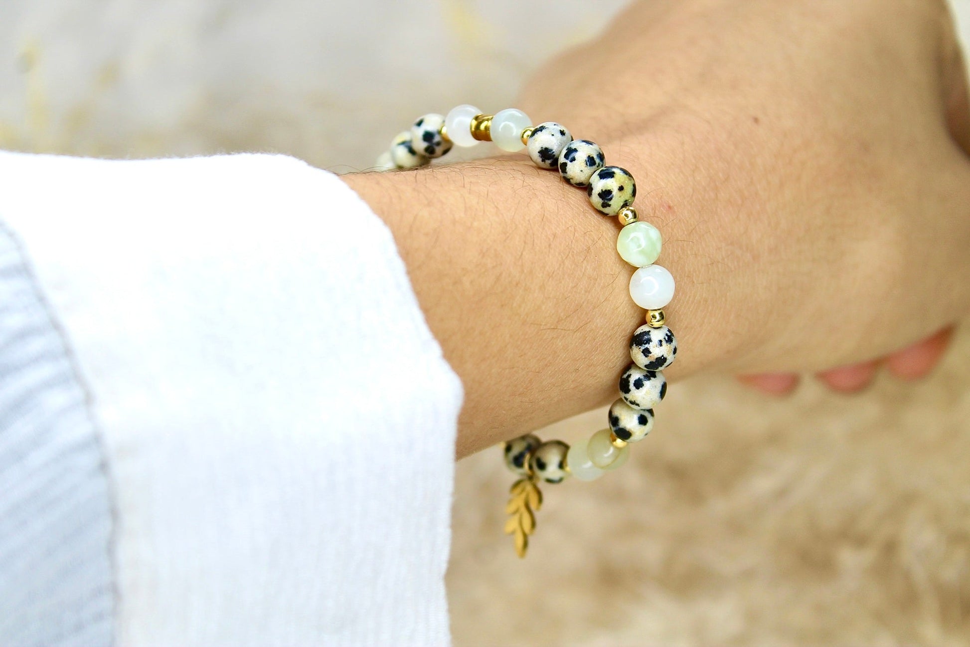 Bracelet doré | Jade verte & Jaspe Dalmatien | Harmonie & joiepierreUneViePlusSaine